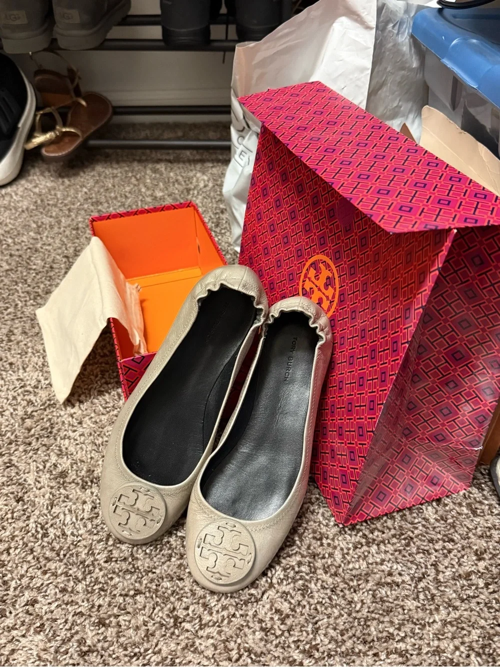 Tory Burch Beige Metallic Reva Leather Ballet Flats